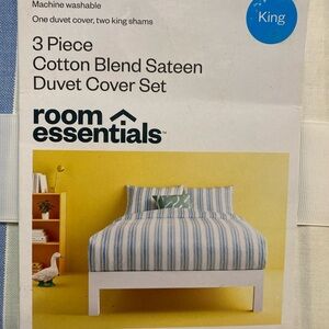 room essentials King 3-Piece Cotton Blend Sateen Duvet Cover Blue Green Stripes